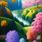 Colorful Stylized Landscape with Waterfall, Blue House, and Floral Details