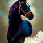 Vibrant blue and purple horse with golden embellishments on cosmic background