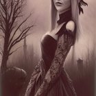 Pale-skinned woman with roses in hair, gothic black dress, in misty autumn woods