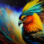 Vibrantly colored bird with iridescent feathers on blurred foliage background