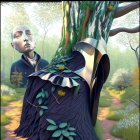 Surreal digital artwork: humanoid figure in forest with metallic tree structure