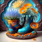 Colorful Still Life: Blue Boots Planters with Orange Daisies