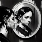 Monochrome image of woman with elegant hairstyles reflected in ornate oval mirror