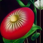 Vibrant painting of large red flower with white highlights on dark background