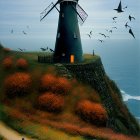 Scenic windmill on grassy cliff with seagulls by the sea