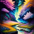 Colorful Painting of Magical Stream with Lush Foliage and Oversized Flowers