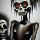 Gothic surreal art: skeletal face, tattoos, skull backdrop