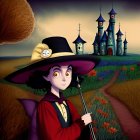 Surreal image of woman with elaborate hat in whimsical setting