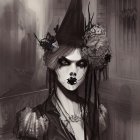 Gothic woman with floral headpiece in misty monochrome setting