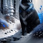 Majestic black and white cat in snowy forest with blue foliage