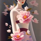 Stylized painting of woman with pink flowers and serene expression