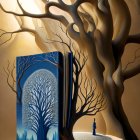 Open book with landscape and mirrored tree creates surreal atmosphere