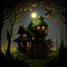 Fantastical treehouse illustration with glowing windows in starry night sky