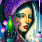 Vibrant surreal painting of woman's face merging with cosmic elements