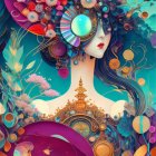 Colorful digital artwork of mystical female figure with ornate headdress in surreal setting