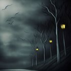 Moonlit forest scene with two raccoons and fireflies