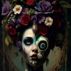 Gothic female portrait with dramatic makeup and floral crown