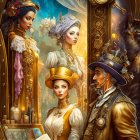 Group of individuals in steampunk attire with monocle, papers, ornate hats, and brass