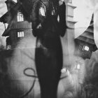 Monochrome stylized woman blending with cityscape in artistic rendition