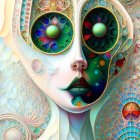 Colorful Psychedelic Digital Art of Woman's Face with Patterns and Peacock Eyes