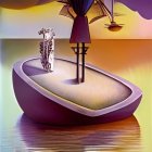 Surrealist painting featuring stylized woman with geometric shapes and oversized hat