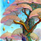 Colorful painting of whimsical trees with pink lace-like canopies, golden leaves, and lush green