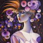 Stylized illustration of woman with purple floral headdress on night-sky backdrop