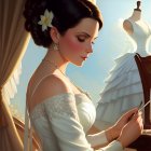 Illustrated portrait of woman with dark hair, flower, pearl necklace, cream dress, touching manne