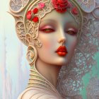 Female figure with ornate headpiece and red lips on soft background