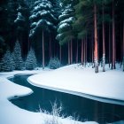 Surreal landscape with stylized trees and frozen river under moody sky