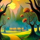 Colorful fantasy landscape with whimsical trees, mushrooms, castle, and creatures under gradient sky