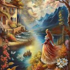 Woman in flowing dress by vibrant stream in mystical forest