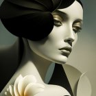 Stylized woman with black and white petals on soft backdrop