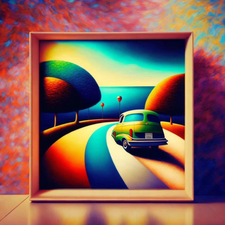 Colorful Vintage Car Painting on Winding Road with Surreal Trees