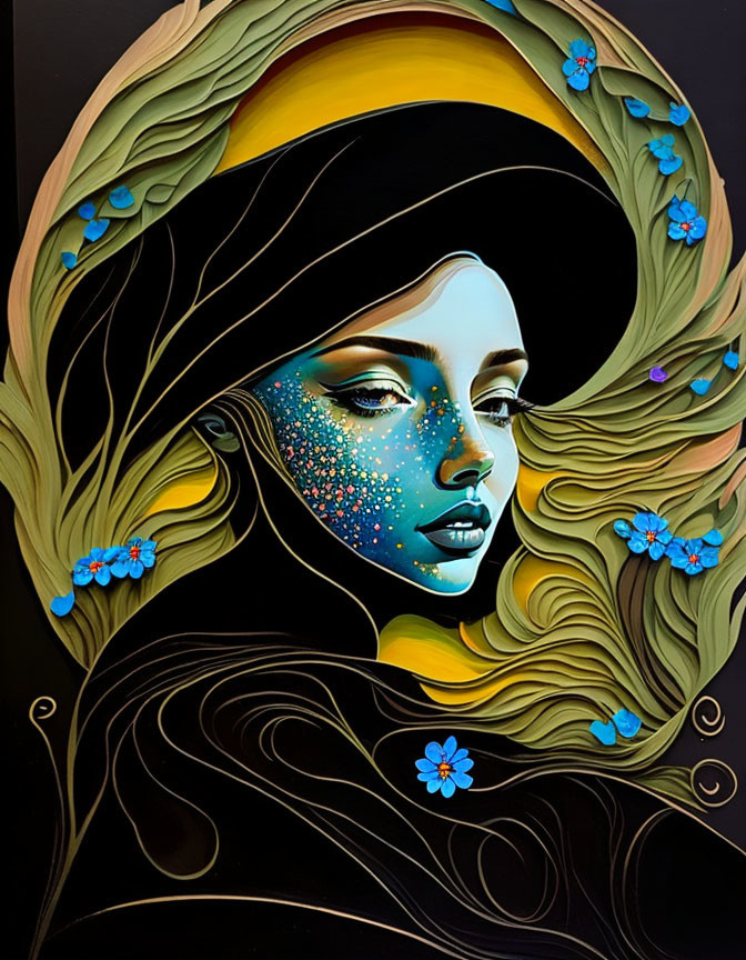 Vibrant portrait of woman with swirling hair and blue flowers on dark background