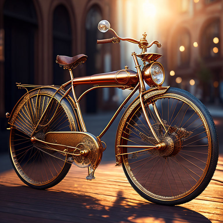 Shiny copper vintage bicycle on cobblestone street at golden hour