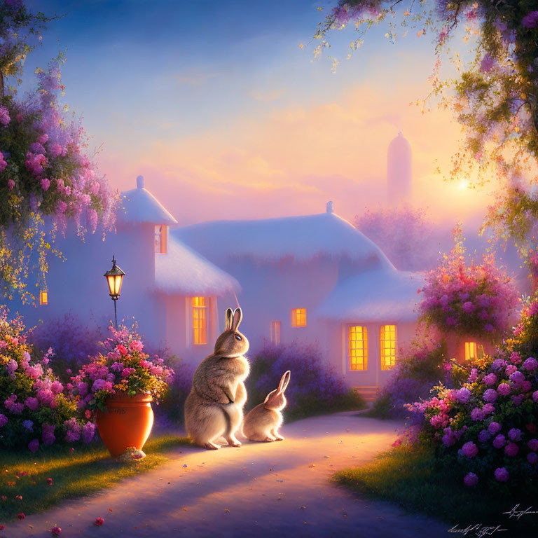 Tranquil Twilight Scene: Two Rabbits by Cottage with Lush Flowers