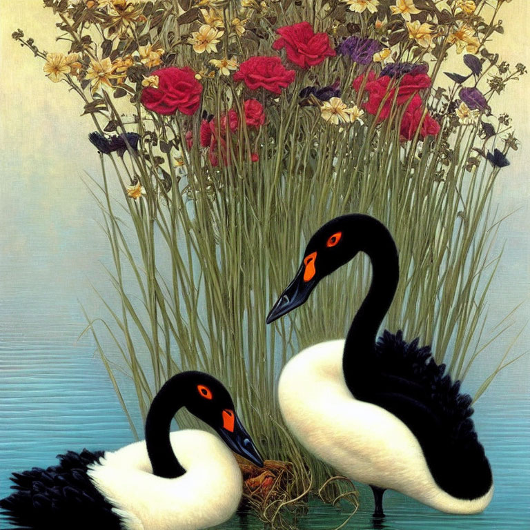 Black swans with red beaks in heart shape amidst colorful flowers and reeds