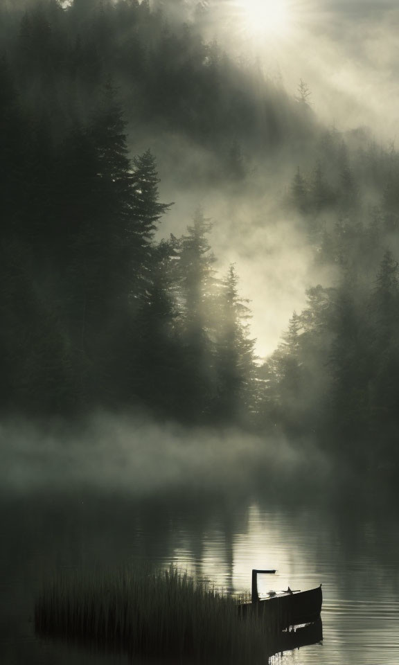 Misty Lake with Lone Boat and Evergreen Trees