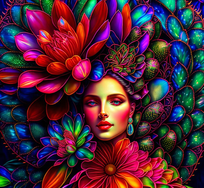 Colorful Psychedelic Woman's Face Illustration with Flowers and Leaves