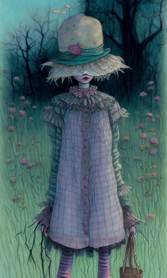 Whimsical character in hat and dress among flowers with eerie backdrop