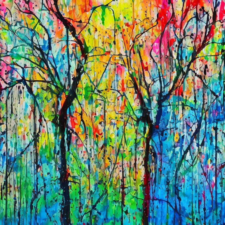 Colorful Abstract Tree Painting with Vibrant Streaks