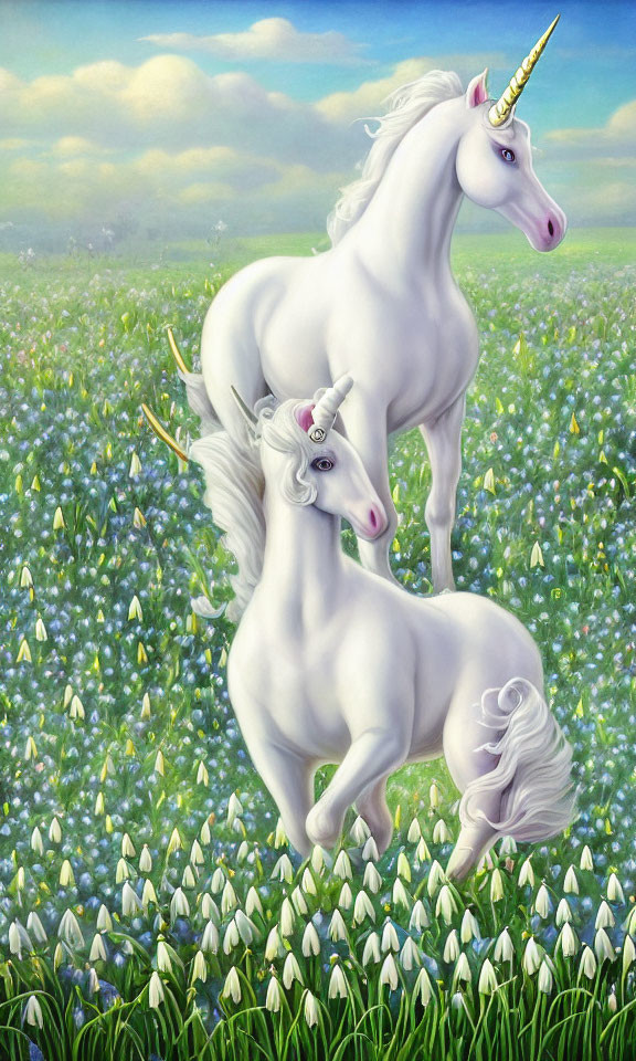 White unicorns with golden horns in a field of white flowers under a clear blue sky