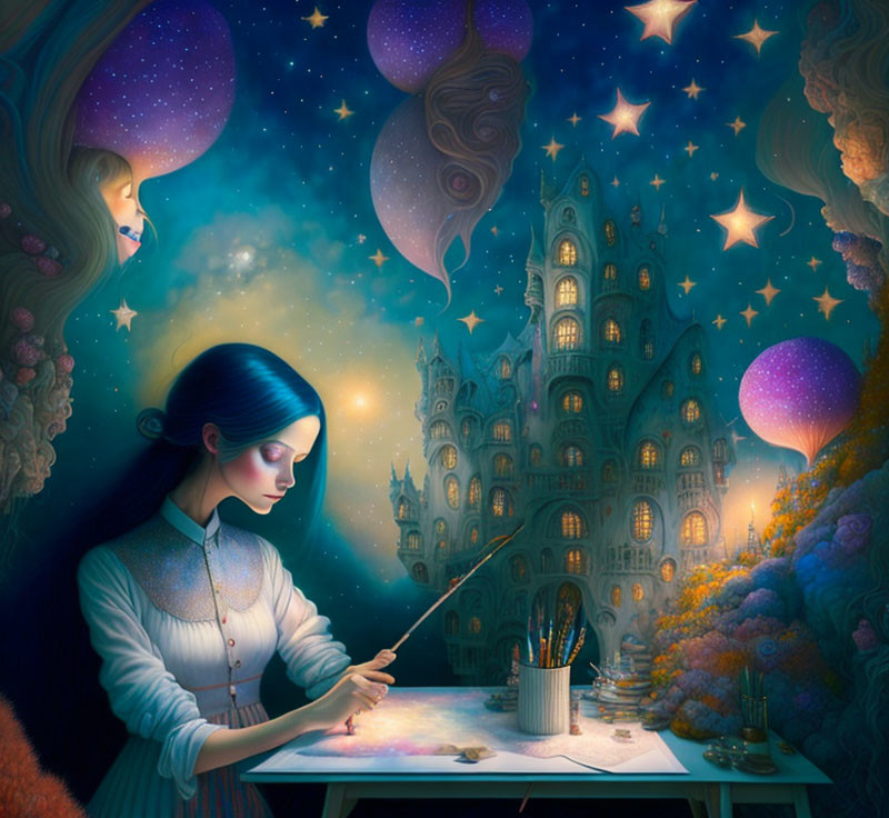 Illustration of woman drawing fantastical scene with stars, castle, balloons, and child's face.