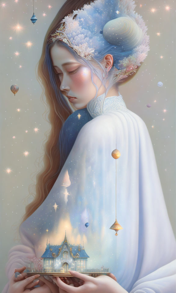 Celestial-themed woman with starry cape holding miniature castle amidst floating lanterns and stardust