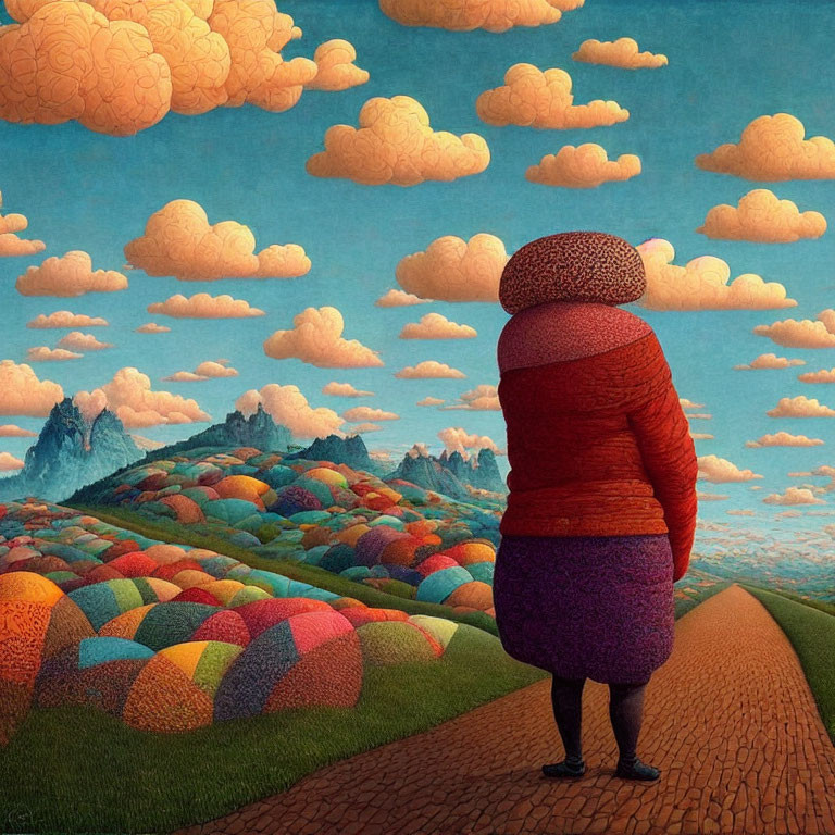 Surreal painting: Figure with layered headscarf in quilt-like landscape