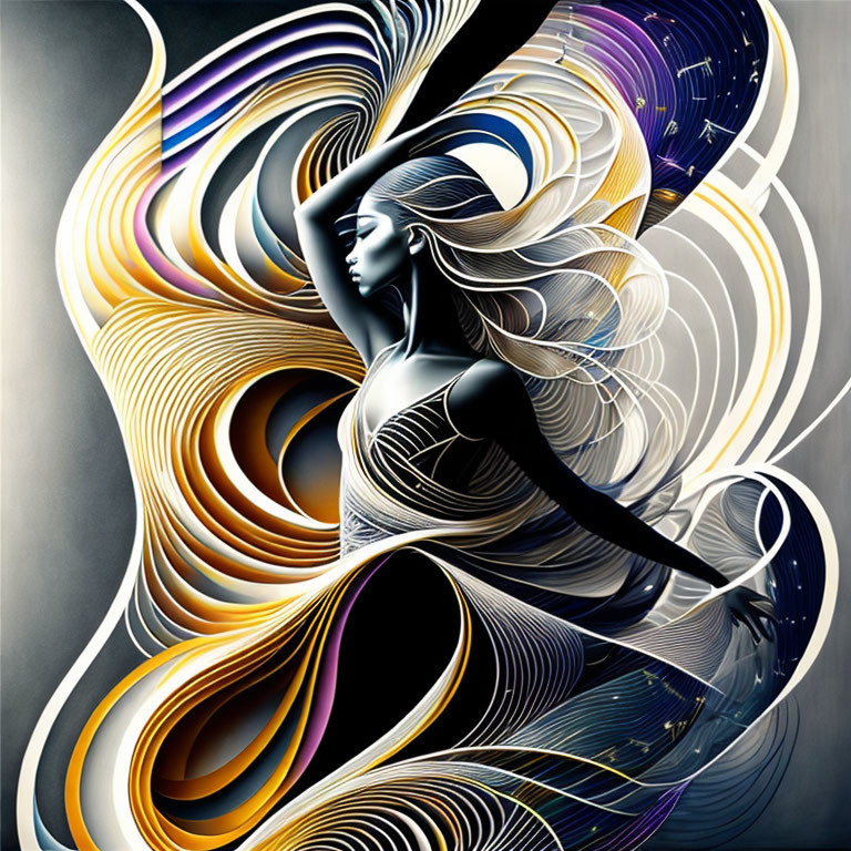 Stylized woman illustration with abstract gold, white, and blue lines