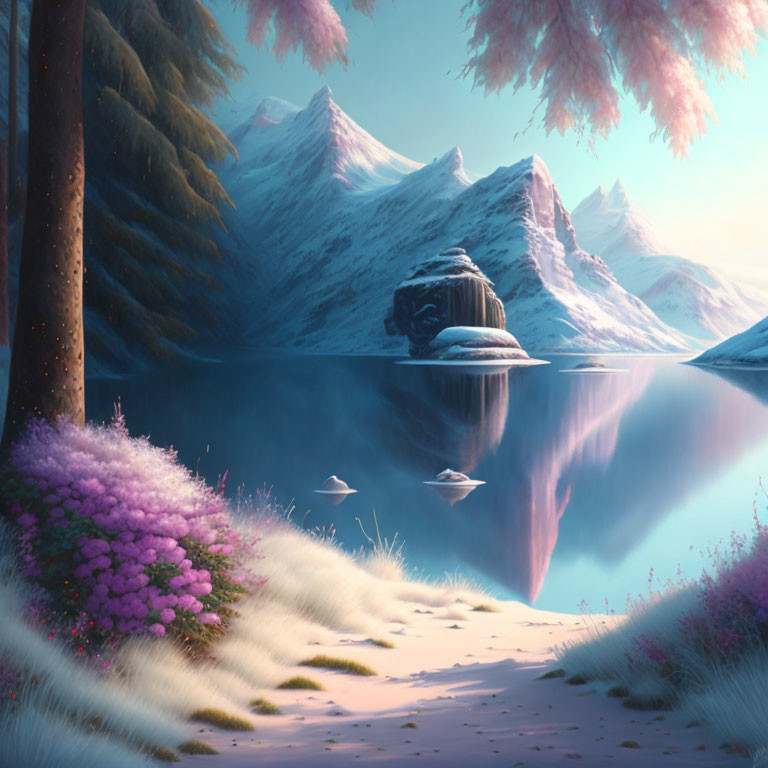 Snow-capped mountains and serene lake in a floral landscape