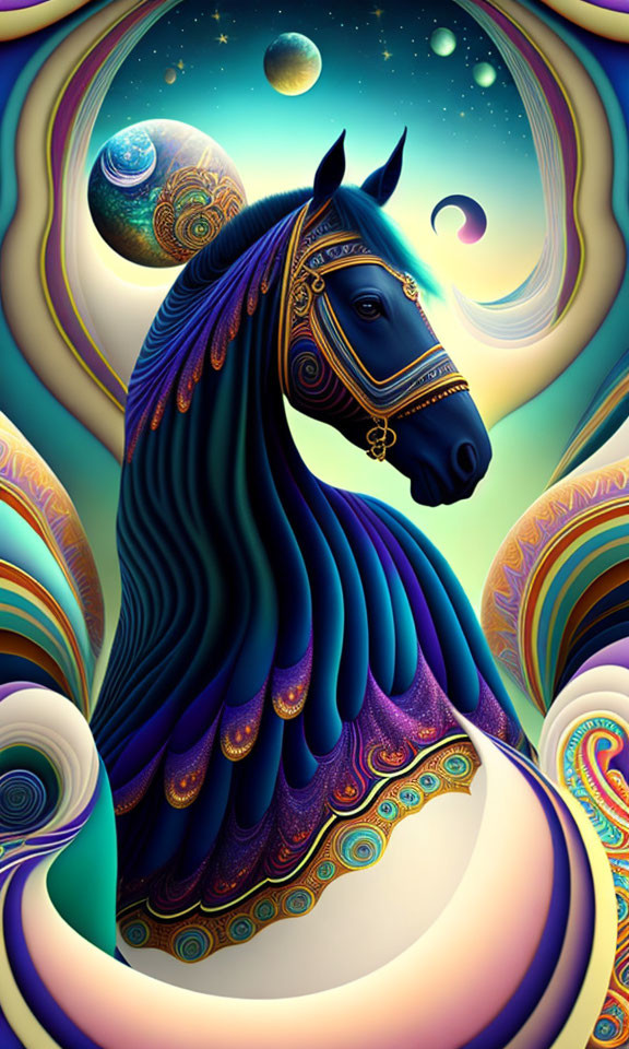 Vibrant blue and purple horse with golden embellishments on cosmic background