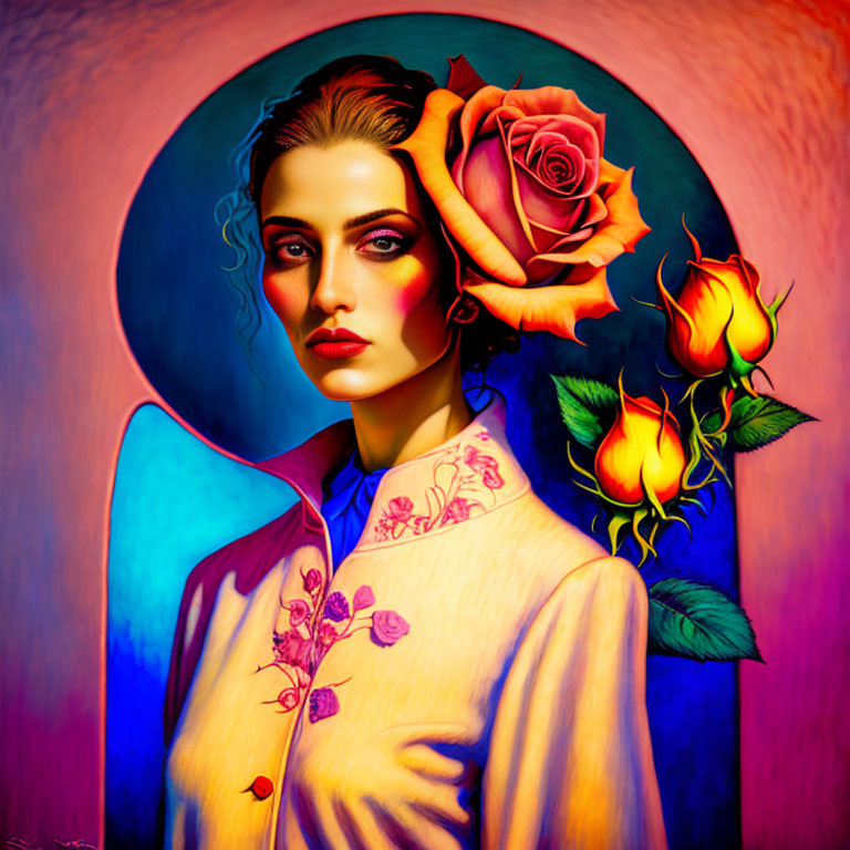 Vibrant portrait of a woman with roses in warm hues and dramatic makeup